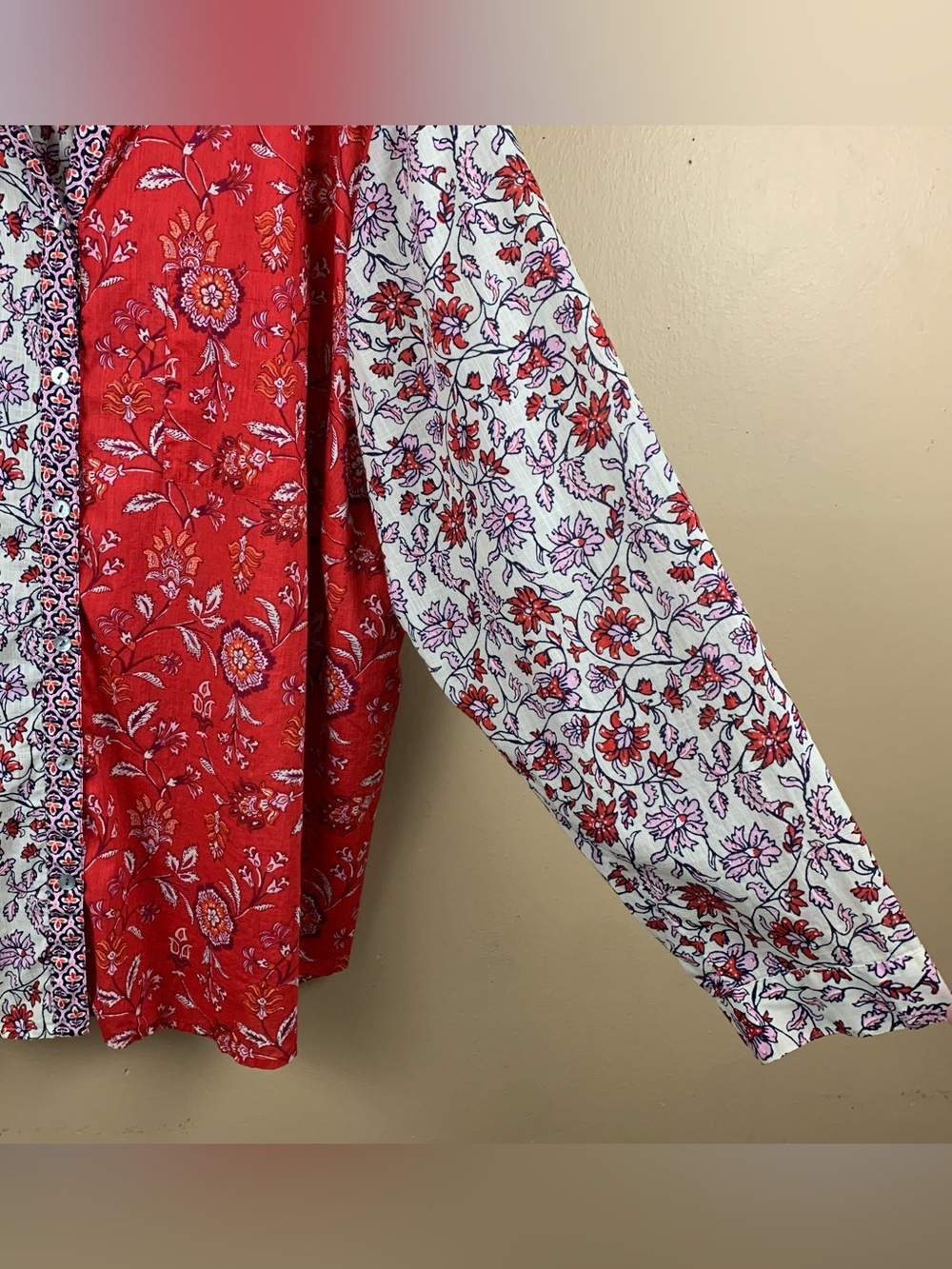 J Jill Shirt Womens 4X Red Colorblock Floral Button Up Cotton Long Sleeve Boho - Picture 5 of 12